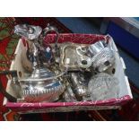 A GEORGIAN STYLE SILVER PLATED WINE FUNNEL and other silver plated wares (1 box)