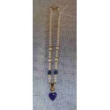 A CULTURED PEARL, DIAMOND AND 'LAPIS' NECKLACE set with 9ct yellow gold clasp