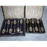 A SET OF SIX SILVER TEASPOONS in fitted case and one other set of silver teaspoons and a condiment