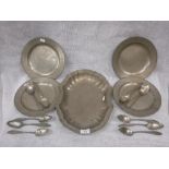 A SET OF TEN PEWTER SPOONS with heart and flower decoration, a pewter meat dish and a set of four