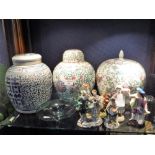 THREE ORIENTAL GINGER JARS, a collection of Continental ceramic figures, a Svenkt glass walrus and