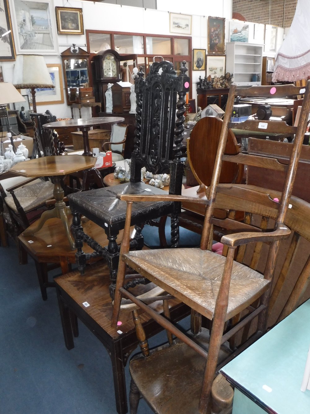 A VICTORIAN OAK HALL CHAIR, three similar chairs and three occasional tables