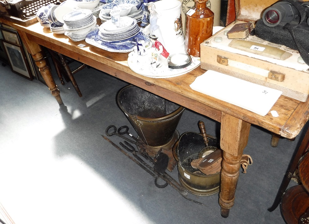 A VICTORIAN PINE FARMHOUSE TABLE on turned legs, 25.5" wide x 75" long