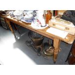 A VICTORIAN PINE FARMHOUSE TABLE on turned legs, 25.5" wide x 75" long