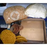 A LACE AND SILK TEA COSY, a collection of belts and other items (1 box)