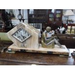 A FRENCH ART DECO MANTEL CLOCK, the alabaster and marble case decorated with a gilt and silvered