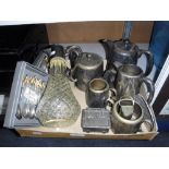 A VICTORIAN STYLE GLASS CLARET JUG, a pewter casket and other silver plated ware (1 box)