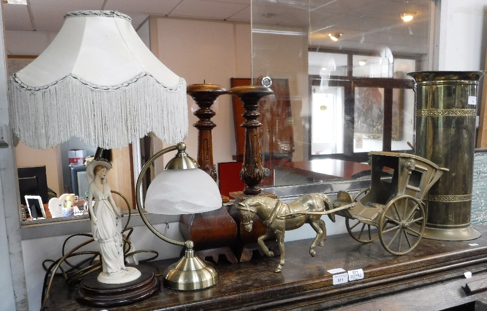 A BRASS HORSE WITH CARRIAGE, table lamps, a pair of wooden candlesticks and sundries