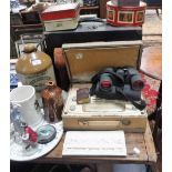 A VINTAGE STONEWARE FLAGON 'INDE COOPE'S', a vintage radio, sewing machine, tins, ceramics and