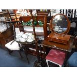 A 19TH CENTURY OAK TRIPOD TABLE, an oak table, a set of bookshelves and similar furniture (as