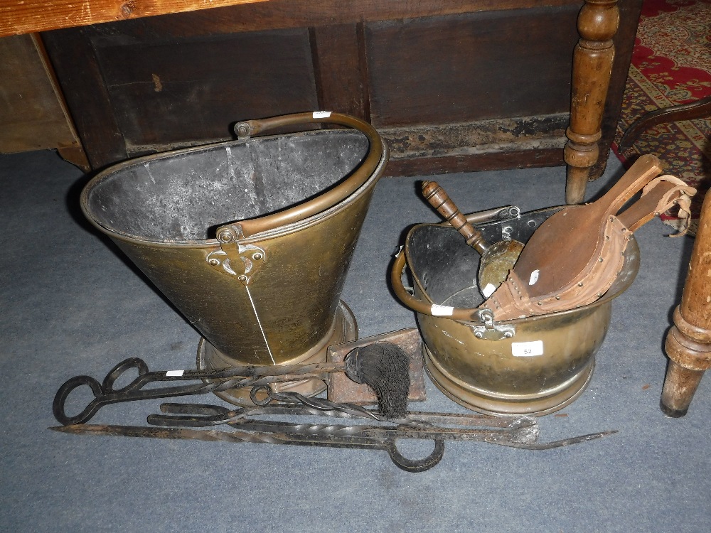 A BRASS COAL SCUTTLE, iron fire tools and related items