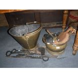 A BRASS COAL SCUTTLE, iron fire tools and related items