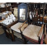 A REGENCY MAHOGANY CARVER CHAIR, three occasional chairs, a side table, stool and a mirror in a