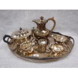A SILVER PLATED TEAPOT, COFFEE POT, TRAY and other similar items