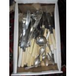 A COLLECTION OF SILVER PLATED AND STEEL CUTLERY (1 box)