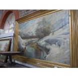 A VICTORIAN OIL ON CANVAS PAINTING of a mountain stream in winter, indistinctly monogrammed and in a