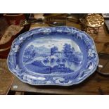 A LARGE 19TH CENTURY SPODE BLUE AND WHITE MEAT PLATE, with well, in the 'Bridge of Lucano' pattern