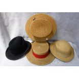 HARRODS; A VINTAGE STRAW BOATER with red, white and blue ribbon and a collection of other hats (4)