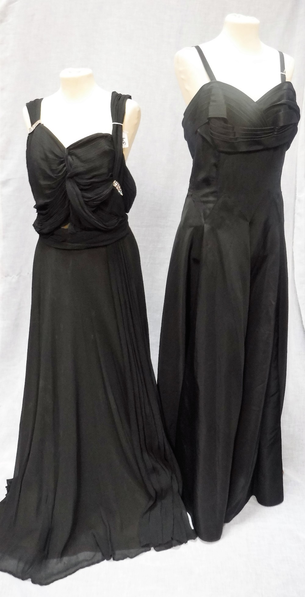 A BLACK SATIN EVENING DRESS, circa 1950 and another silk and diamante evening dress (2)