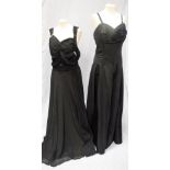 A BLACK SATIN EVENING DRESS, circa 1950 and another silk and diamante evening dress (2)