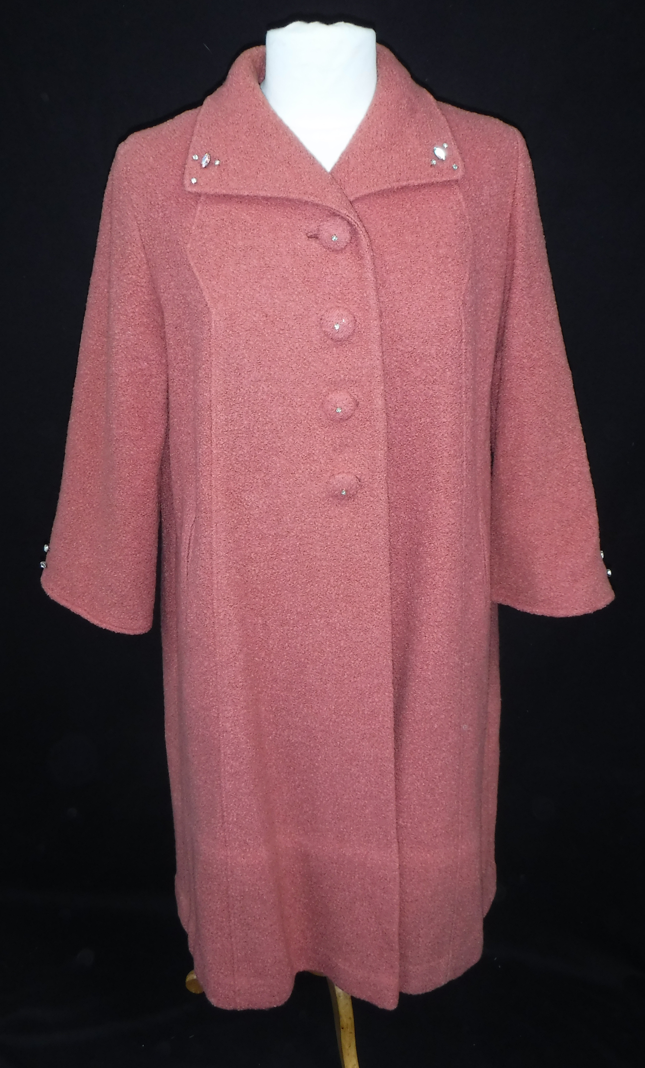 A 1950'S AMERICAN 'OINTMENT PINK' LADIES COAT with self-coloured buttons and diamante decoration,