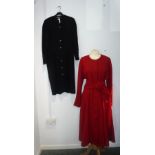 JEAN MUIR: A VINTAGE 'A' LINE COAT DRESS in red with matching belt and another 'Jean Muir' button