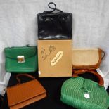 A WALDYBAG VINTAGE BLUE HANDBAG and a collection of four other vintage bags including a Harrods