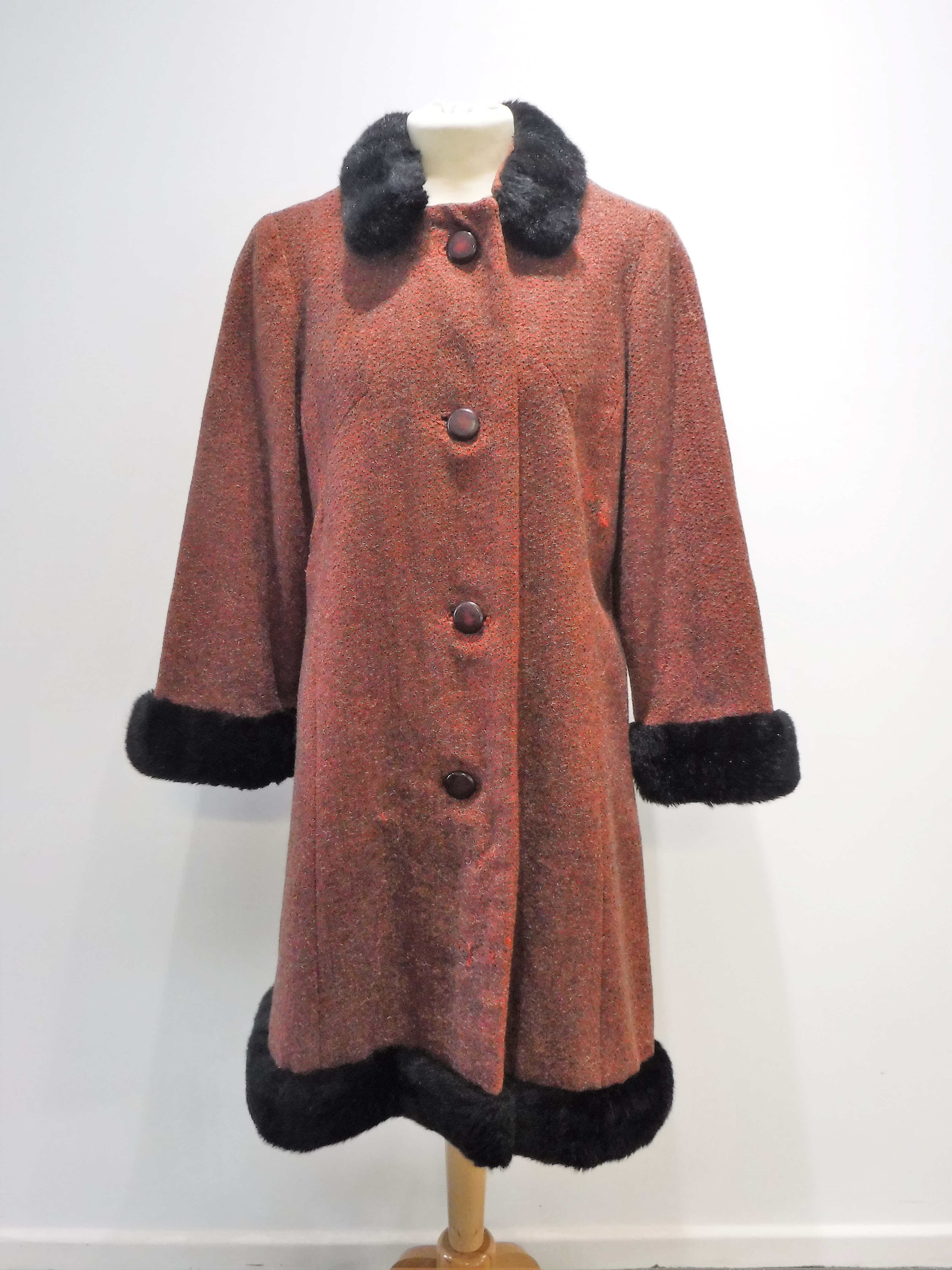 AQUASCUTUM; A VINTAGE OVERCOAT IN ORANGE AND GREY WOOL CHECK, circa 1930