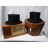 KIRSOP & SON LIMITED; A GENTLEMAN'S VINTAGE TOP HAT and another similar, both in original boxes (2)