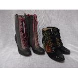 A PAIR OF VICTORIAN STYLE FABRIC HEELED BOOTS with pink velvet lace-up fronts and one other