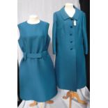PETIT FRANCAISE; A LADIES VINTAGE 'TEAL' COLOURED DRESS: with matching 3/4 sleeved coat, circa