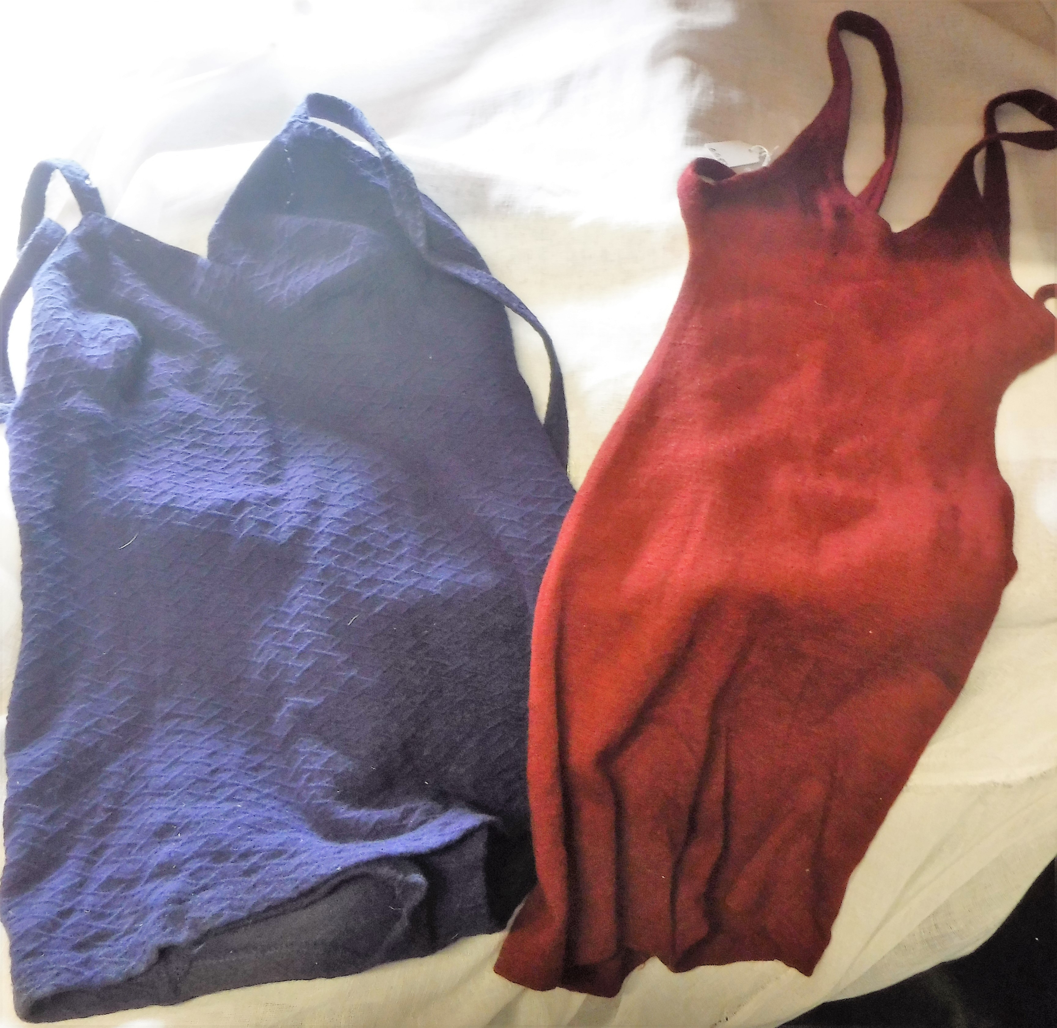 JANTZEN: A VINTAGE BLUE WOOL SWIMSUIT and another similar woollen swimsuit, circa 1950