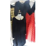 'HARDY AMIES': A VINTAGE BLACK AND GOLD BROCADE EVENING DRESS, a black velvet dress with lace collar