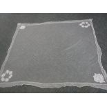 A VINTAGE CREAM FINE NET WEDDING VEIL, embroidered to the corners, circa 69'' x 78''