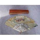 J. DUVELLEROY, PARIS: A HAND PAINTED PAPER AND MOTHER-OF-PEARL FAN in a fitted presentation case