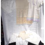 A CHILD'S VINTAGE LINEN DAY DRESS and a collection of other linen items (boxed)