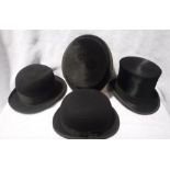 VINTAGE LINCOLN BENNETT & COMPANY, BOWLER HAT and another similar and two top hats (4)