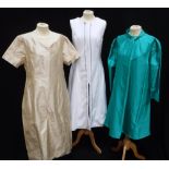 THOMAS CROWN: A CHAMPAGNE COLOURED RAW SILK LADIES DRESS, another fashioned in green raw silk and