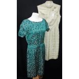 A VINTAGE JADE GREEN CHINESE SILK DRESS 'Dynasty, Made in Hong Kong, British Crown Colony', size