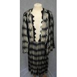 A 1930'S CREPE DE CHINE SUMMER DAY DRESS with navy and cream irregular stripe design and zig-zag