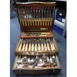 A CANTEEN OF SILVER PLATED CUTLERY IN OAK CASE and other various silver plated cutlery including