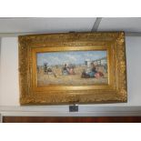 AN IMPRESSIONIST STYLE BEACH SCENE, oil on board, with figures in 19th century costume, in a gilt