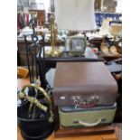 A VINTAGE TYPEWRITER, fireplace tools, an Art Deco electric mantel clock and sundries