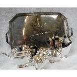 AN ART DECO MAPPIN & WEBB SILVER PLATED FOUR PIECE TEASET WITH TRAY