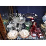 A PAIR OF GLASS DISHES with silver plated bases and a collection of glassware, including cranberry