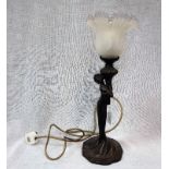 A REPRODUCTION ART NOUVEAU BRONZE EFFECT RESIN TABLE LAMP in the form of a woman, with a frosted