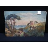 A 19TH CENTURY NAIVE OIL ON BOARD PAINTING of a castle on a hill by the sea