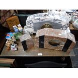 AN ART DECO STYLE MANTEL CLOCK, in a marble case, a similar case, two Russian ceramic tigers and