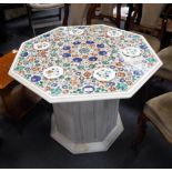 AN INDIAN WHITE MARBLE HALL TABLE, the octagonal top inlaid with multi-coloured hardstone flowers,