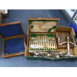 A SILVER PLATED CANDELABRA, various silver plated cutlery and other items (one box)
